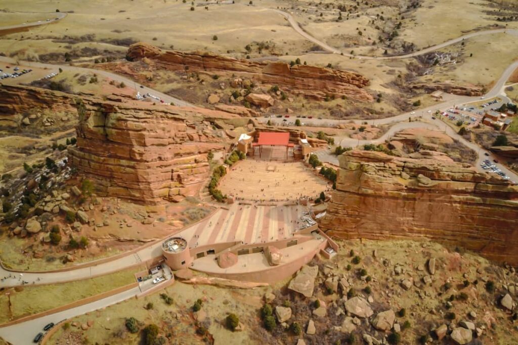 a photo of Red Rocks amphitheater from a drone
