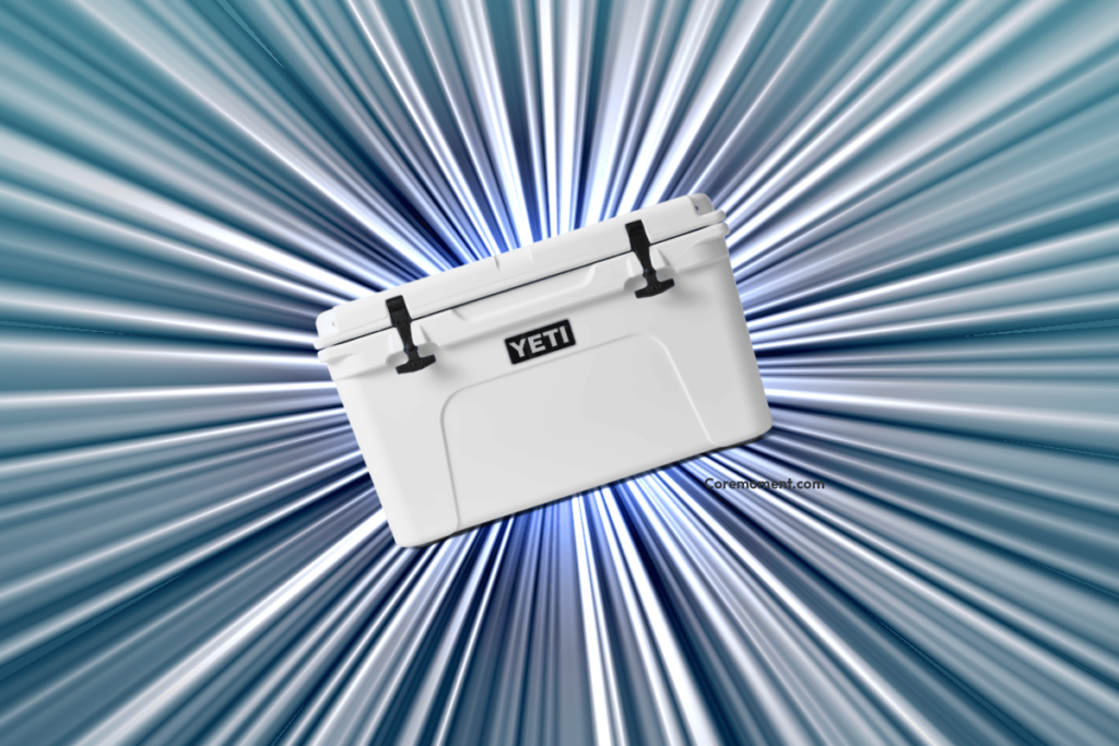 an illustration of a Yeti Cooler on a starburst background. with a watermark of coremoment.com